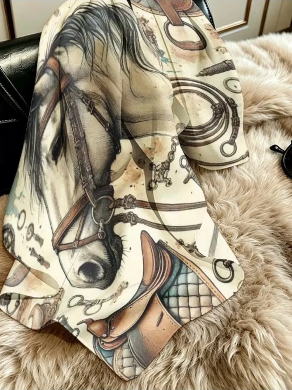 Equestrian Horse Print Silk-Feel Scarf - Cream & Teal